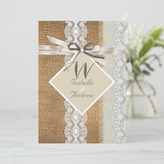 Rustic Wedding Beige White Lace Burlap Pearl 5 Kaart (Staand voorkant)