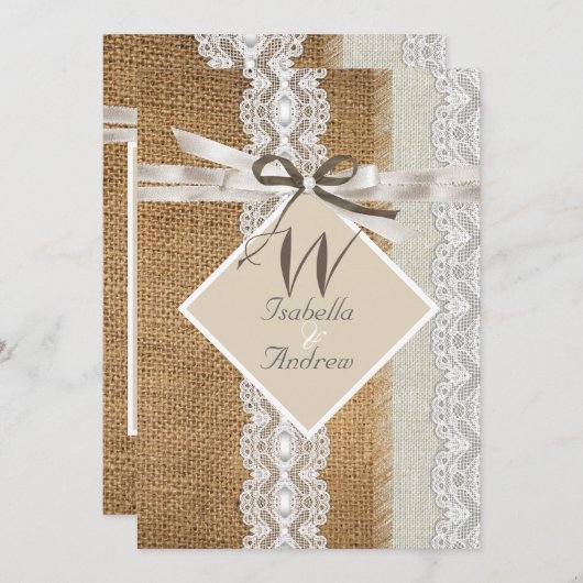 Rustic Wedding Beige White Lace Burlap Pearl 5 Kaart (Voorkant / Achterkant)