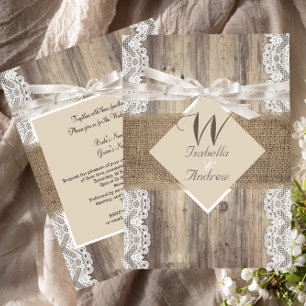 Rustic Wedding Beige White Lace Wood Burlap 2 Kaart