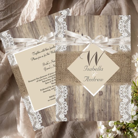 Rustic Wedding Beige White Lace Wood Burlap 2 Kaart