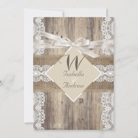 Rustic Wedding Beige White Lace Wood Burlap 2a Kaart (Voorkant)