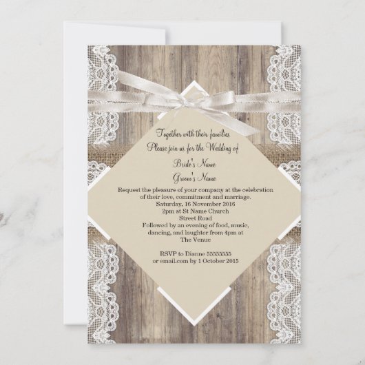 Rustic Wedding Beige White Lace Wood Burlap 2a Kaart (Achterkant)