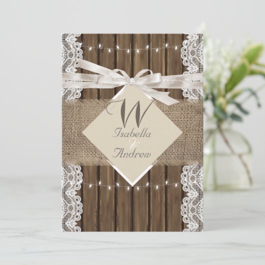 Rustic Wedding Beige White Lace Wood Burlap 5 Kaart (Staand voorkant)