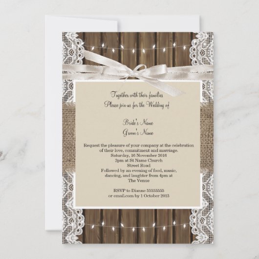 Rustic Wedding Beige White Lace Wood Burlap 5 Kaart (Achterkant)