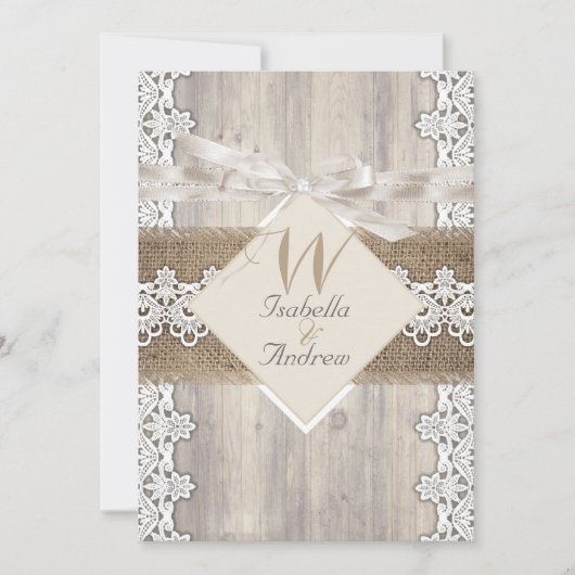 Rustic Wedding Beige White Lace Wood Burlap AB Kaart (Voorkant)