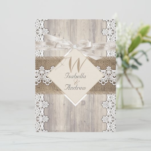 Rustic Wedding Beige White Lace Wood Burlap AB Kaart (Staand voorkant)