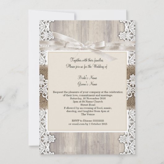 Rustic Wedding Beige White Lace Wood Burlap AB Kaart (Achterkant)