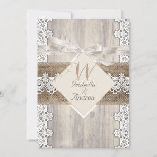 Rustic Wedding Beige White Lace Wood Burlap AB Kaart