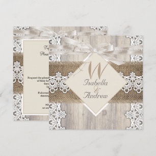 Rustic Wedding Beige White Lace Wood Burlap AB Kaart