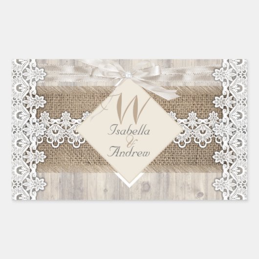 Rustic Wedding Beige White Lace Wood Burlap AB Rechthoekige Sticker (Voorkant)