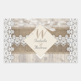 Rustic Wedding Beige White Lace Wood Burlap AB Rechthoekige Sticker