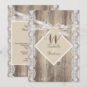Rustic Wedding Beige White Lace Wood Kaart