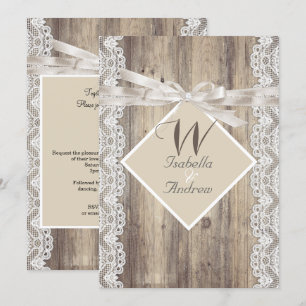 Rustic Wedding Beige White Lace Wood Kaart