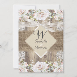 Rustic Wedding Beige White Roses Wood Burlap Kaart