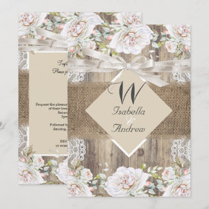 Rustic Wedding Beige White Roses Wood Burlap Kaart