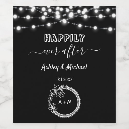 Rustic Wedding Black White String Lights Wijn Etiket (Enkel label)