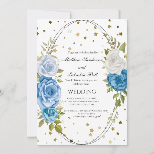  Rustic Wedding Blue Flowers gouden sterren Kaart (Voorkant)