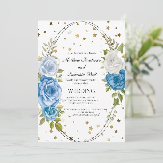  Rustic Wedding Blue Flowers gouden sterren Kaart (Staand voorkant)