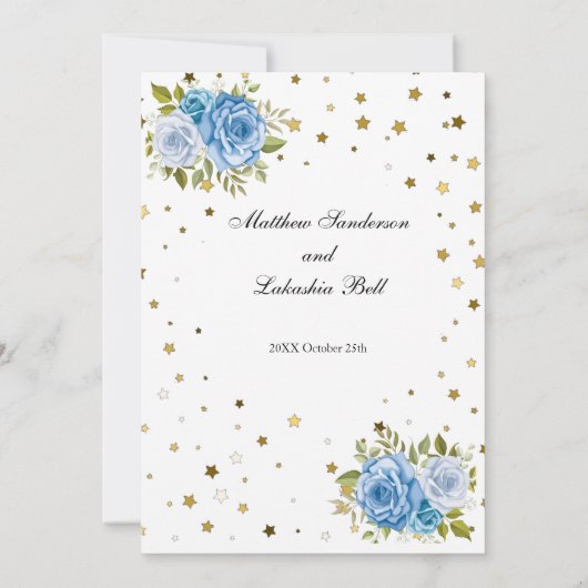  Rustic Wedding Blue Flowers gouden sterren Kaart (Achterkant)