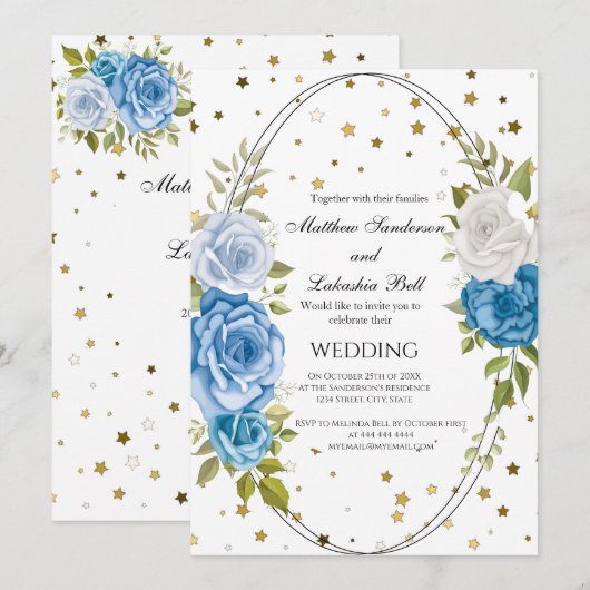  Rustic Wedding Blue Flowers gouden sterren Kaart (Voorkant / Achterkant)