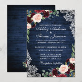 Rustic Wedding Blue Wood Burgundy Blue Floral Kaart (Voorkant / Achterkant)
