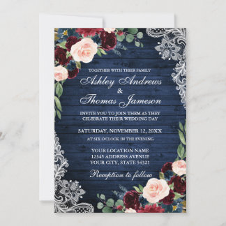 Rustic Wedding Blue Wood Burgundy Blue Floral Kaart