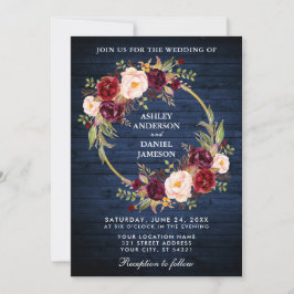 Rustic Wedding Blue Wood Burgundy Wreath Invite Kaart