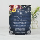 Rustic Wedding Blue Wood Jars Lights Lace Floral Kaart (Staand voorkant)