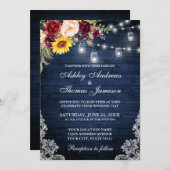 Rustic Wedding Blue Wood Jars Lights Lace Floral Kaart (Voorkant / Achterkant)