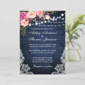 Rustic Wedding Blue Wood Licht Floral Lace Kaart (Staand voorkant)