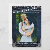 Rustic Wedding Blue Wood Lightlace Save the Date (Voorkant)
