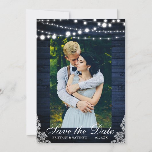 Rustic Wedding Blue Wood Lightlace Save the Date (Voorkant)