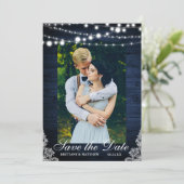 Rustic Wedding Blue Wood Lightlace Save the Date (Staand voorkant)