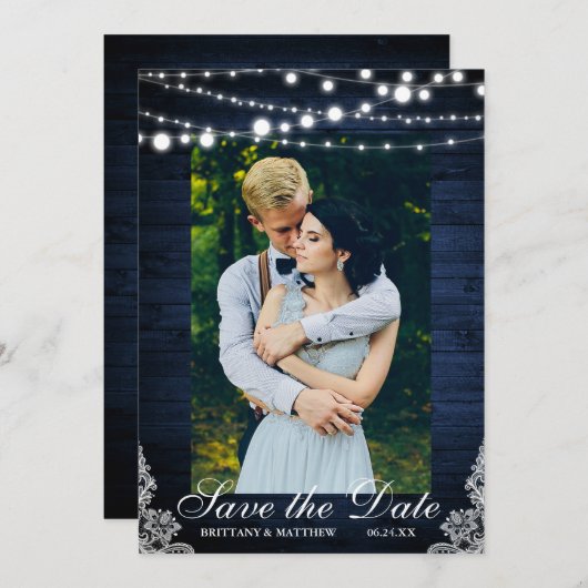 Rustic Wedding Blue Wood Lightlace Save the Date (Voorkant / Achterkant)