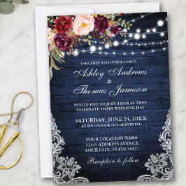 Rustic Wedding Blue Wood Lights Lace Floral Invite Kaart