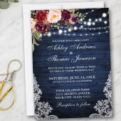 Rustic Wedding Blue Wood Lights Lace Floral Invite Kaart