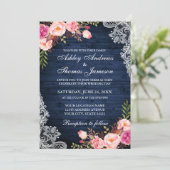 Rustic Wedding Blue Wood Pink Floral Lace Kaart (Staand voorkant)