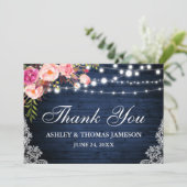 Rustic Wedding Blue Wood Pink Floral Lights Bedankkaart (Staand voorkant)