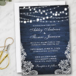 Rustic Wedding Blue Wood String Lights Laite Kaart<br><div class="desc">Rustic Blue Wood String Lights Lace Wedding Invitation</div>