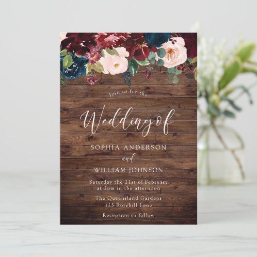 Rustic Wedding: Bourgogne, marine & Blush Flowers Kaart (Staand voorkant)