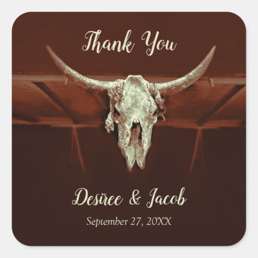 Rustic Wedding Brown Country Westerne Bull Skull Vierkante Sticker (Voorkant)