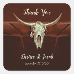 Rustic Wedding Brown Country Westerne Bull Skull Vierkante Sticker