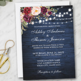 Rustic Wedding Burgundy Floral Blue Wood Lichten Kaart