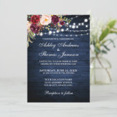 Rustic Wedding Burgundy Floral Blue Wood Lichten Kaart (Staand voorkant)