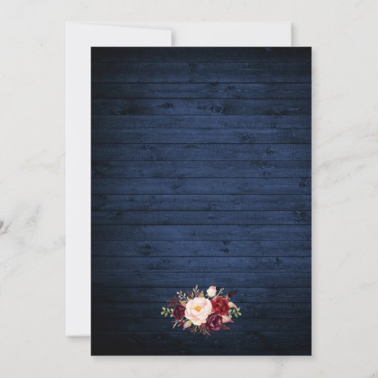 Rustic Wedding Burgundy Floral Blue Wood Lichten Kaart (Achterkant)