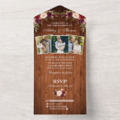 Rustic Wedding Burgundy Floral Wood 3 Foto All In One Uitnodiging (Binnen)