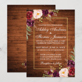 Rustic Wedding Burgundy Floral Wood Gold Invite Kaart