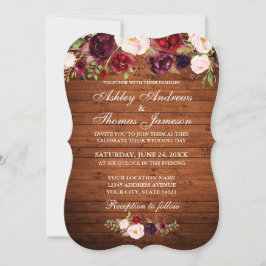 Rustic Wedding Burgundy Floral Wood Invite B Kaart