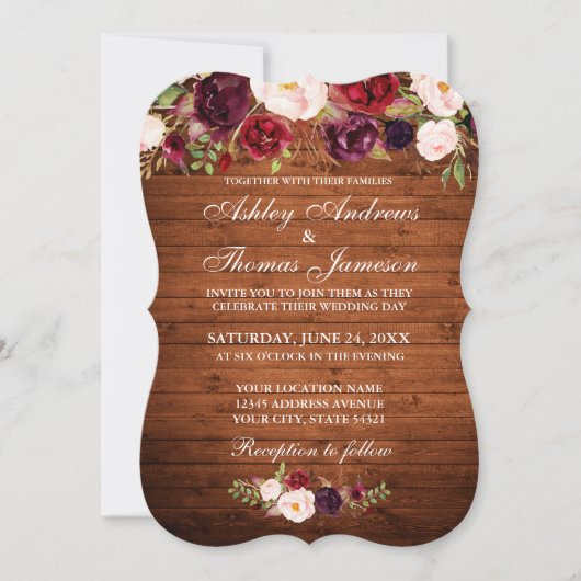 Rustic Wedding Burgundy Floral Wood Invite B Kaart (Voorkant)