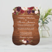 Rustic Wedding Burgundy Floral Wood Invite B Kaart (Staand voorkant)
